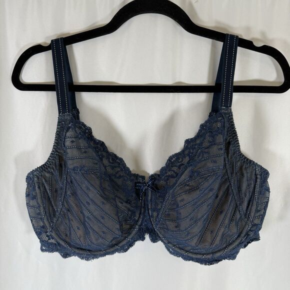 Chantelle Bra Women's 38DDD Blue Floral Lace Hook Eye Mesh Back Adjustable - Picture 1 of 12
